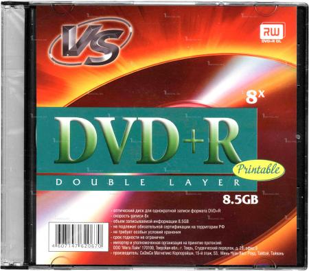 DVD+R VS 8,5 GB, 8x Double Layer, Slim Case (1шт), Ink Printable 00000217505